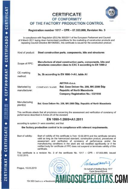 Exemplo de certificado de conformidade da fábrica da República Tcheca