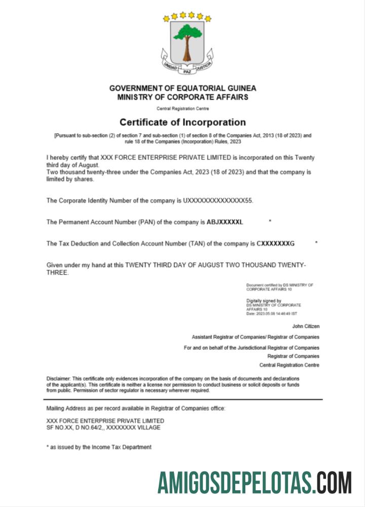 Certificado de registro da Guiné Equatorial para download, modelo Word e PDF
