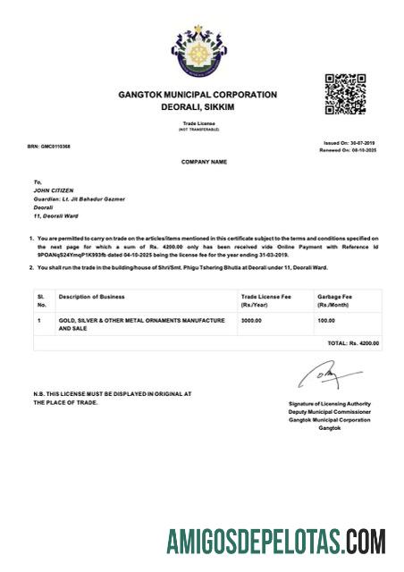 Em branco India Gangtok Trade License Word And PDF modelo