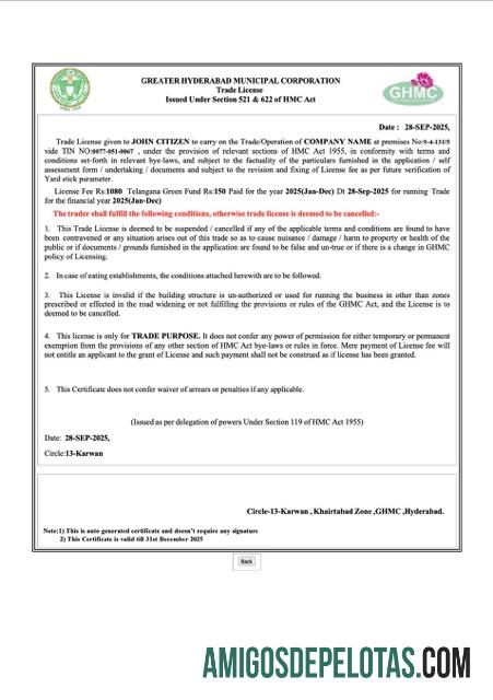 Licença comercial da Índia Hyderabad para download, modelo Word e PDF