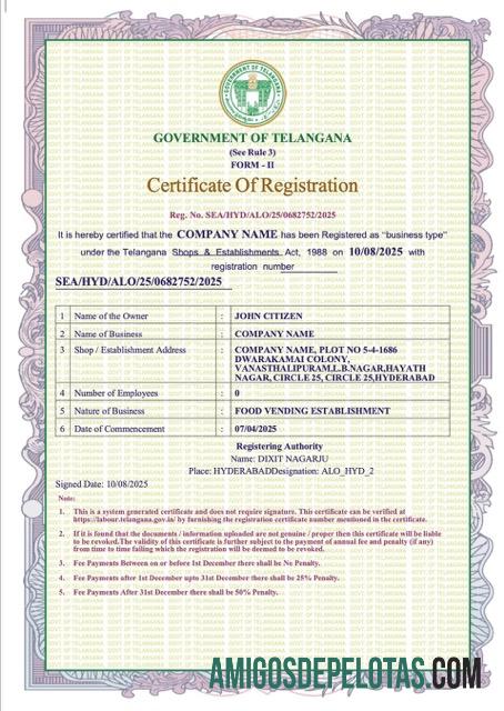 Certificado de registro realista da Índia Telangana modelo Word e PDF