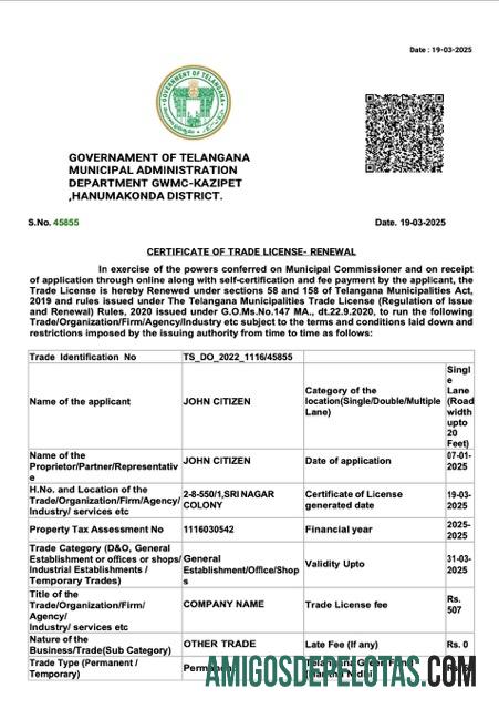 realistic India Telangana Certificate Of Trade License Word And PDF modelo