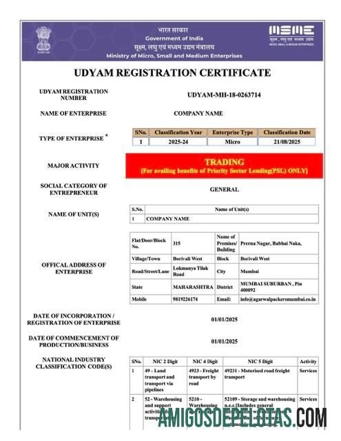 Certificado de registro Udyam da Índia para download, modelo Word e PDF, versão 3