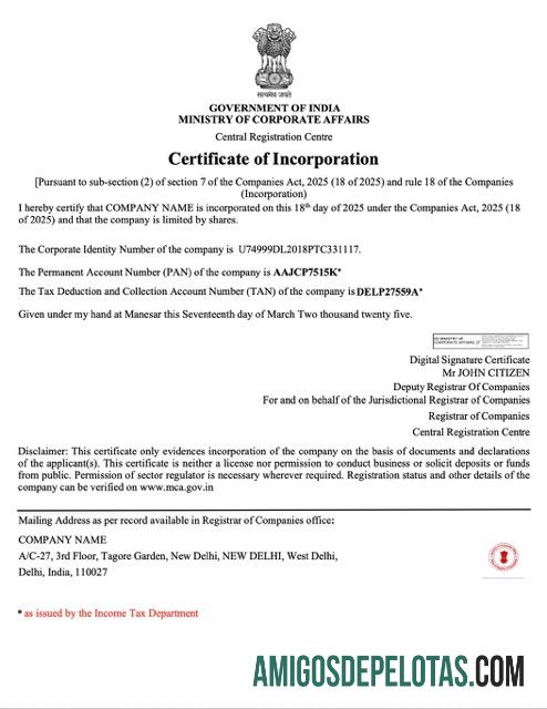 Certificado de Incorporação da Índia em branco modelo Word e PDF