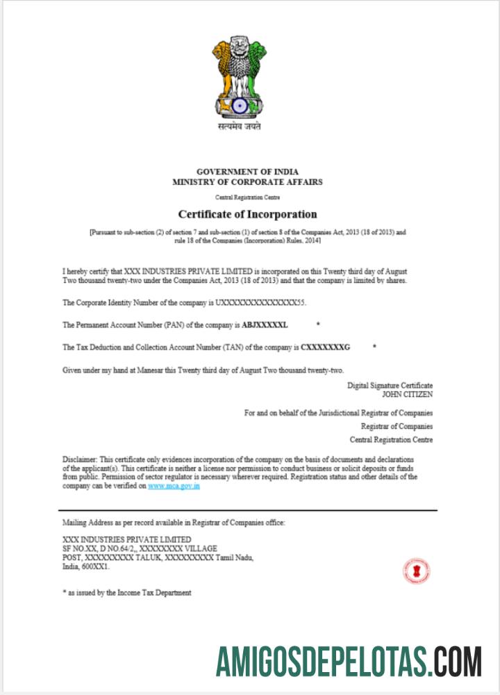 India Certificate Of Incorporation Registration modelo
