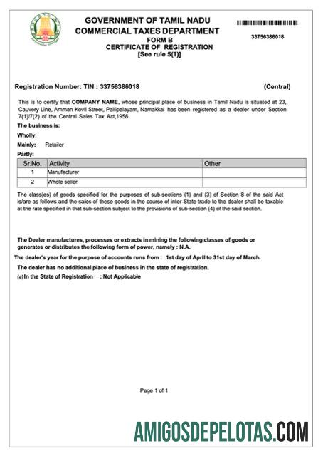 Certificado de registro em branco da Índia Tamil Nadu modelo Word e PDF, versão 2