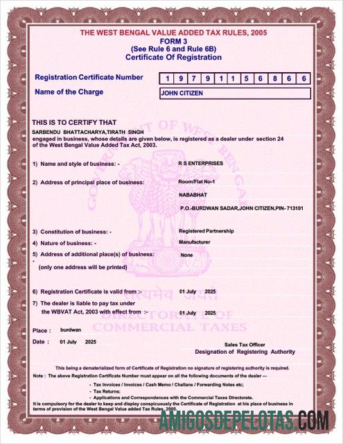 Certificado de Bengala Ocidental da Índia para impressão de registro de IVA modelo Word e PDF