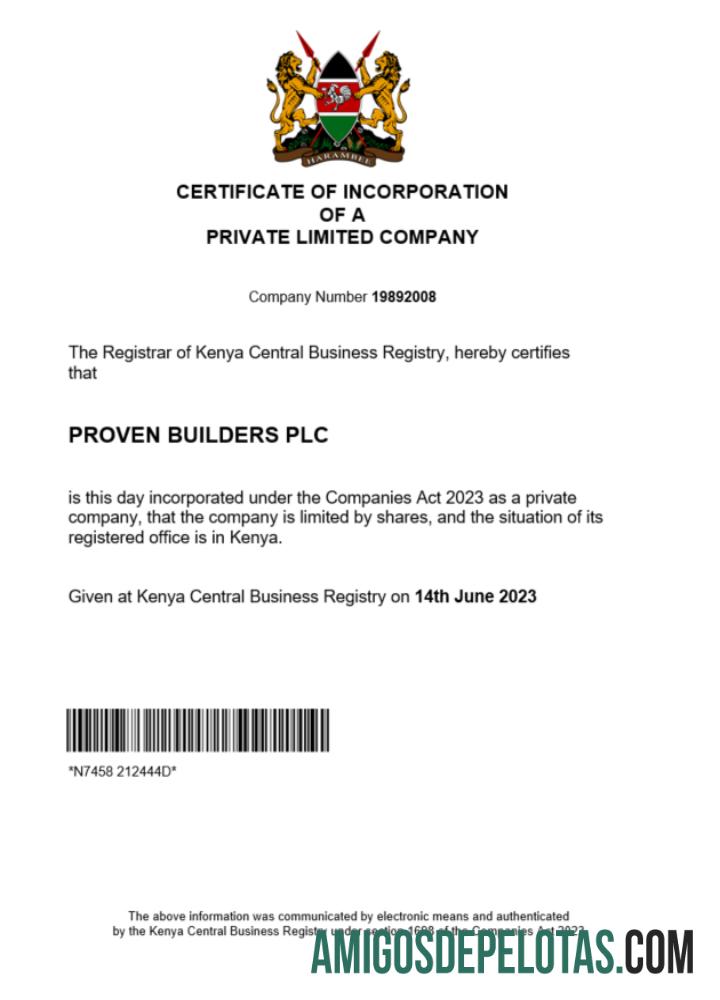 Certificado de registro comercial do Quênia para impressão, modelo Word e PDF