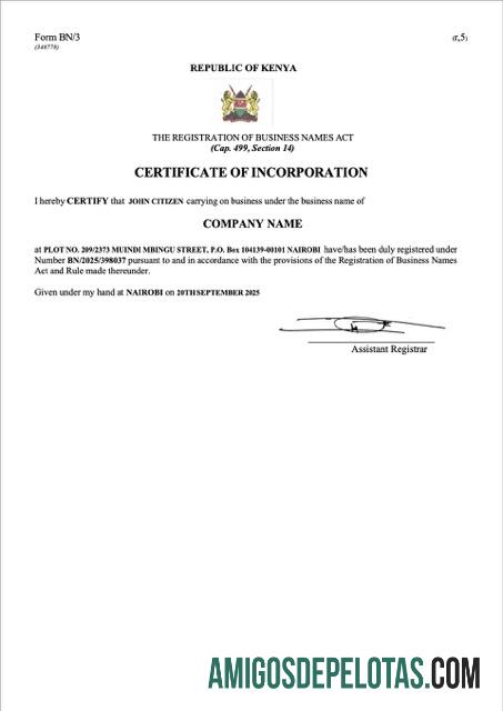 Certificado de Incorporação do Quênia modelo Word e PDF para download, Versão 2