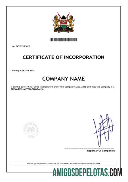 Certificado de Incorporação do Quênia para impressão, modelo Word e PDF