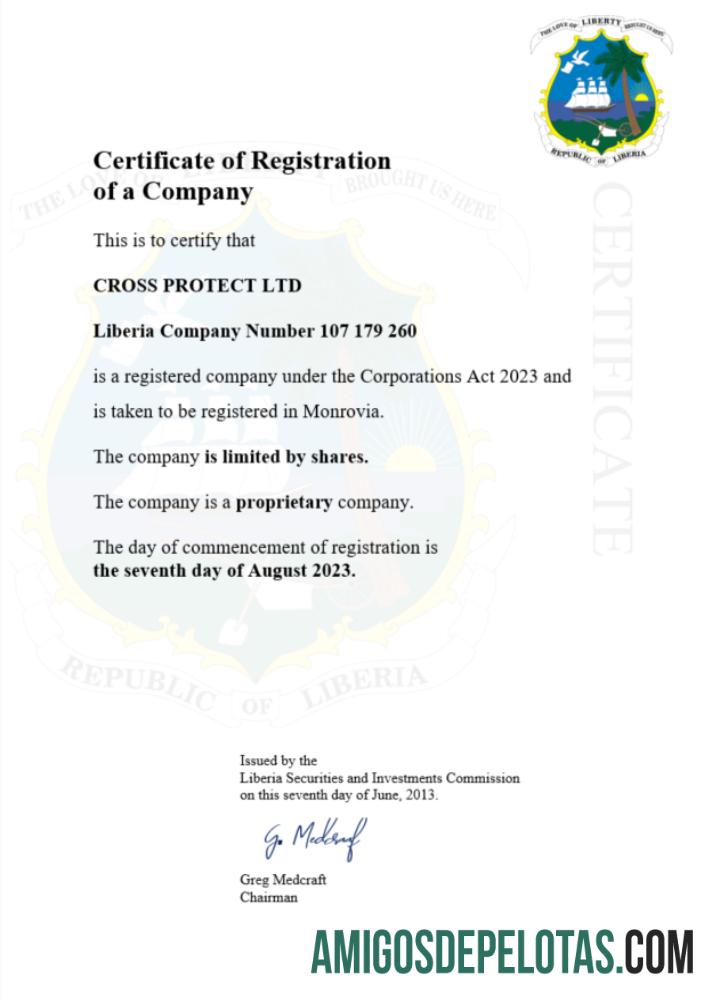 Certificado de registro comercial da Libéria para impressão, modelo Word e PDF