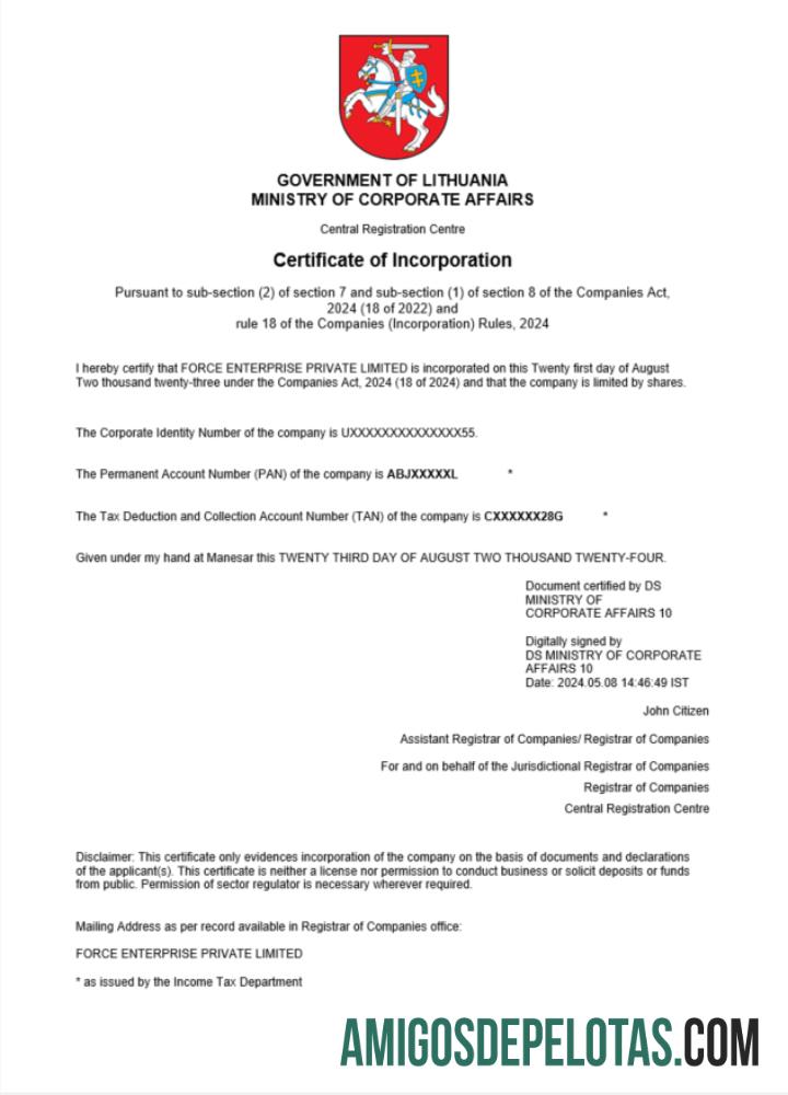 Certificado de registro de empresa da Lituânia para download, modelo Word e PDF