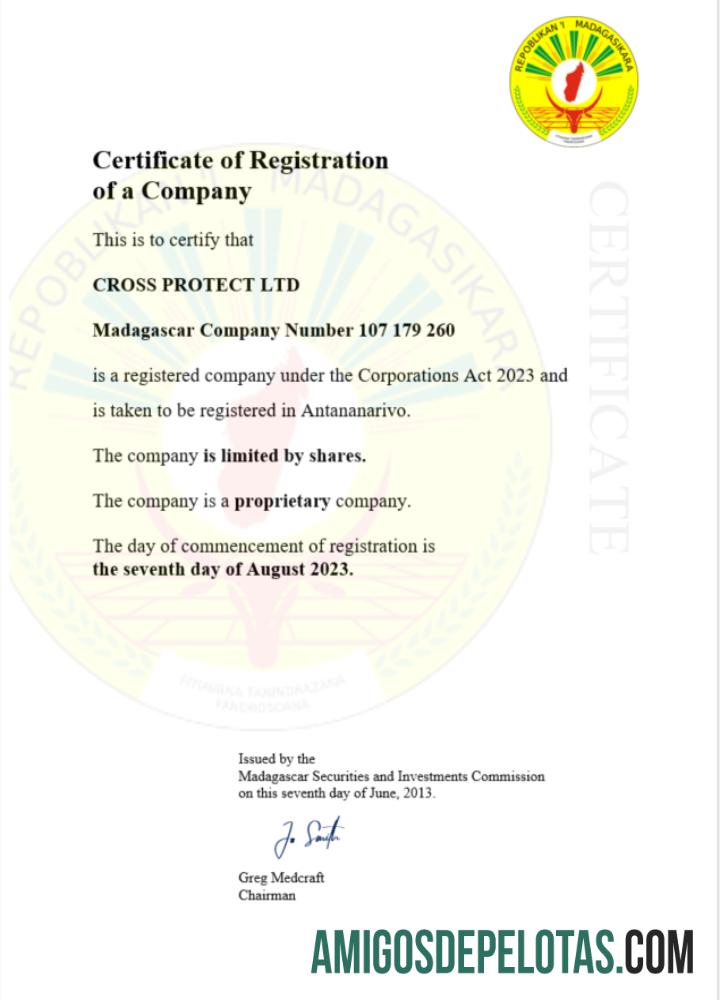 Modelo realista de certificado de registro comercial de Madagascar em Word e PDF