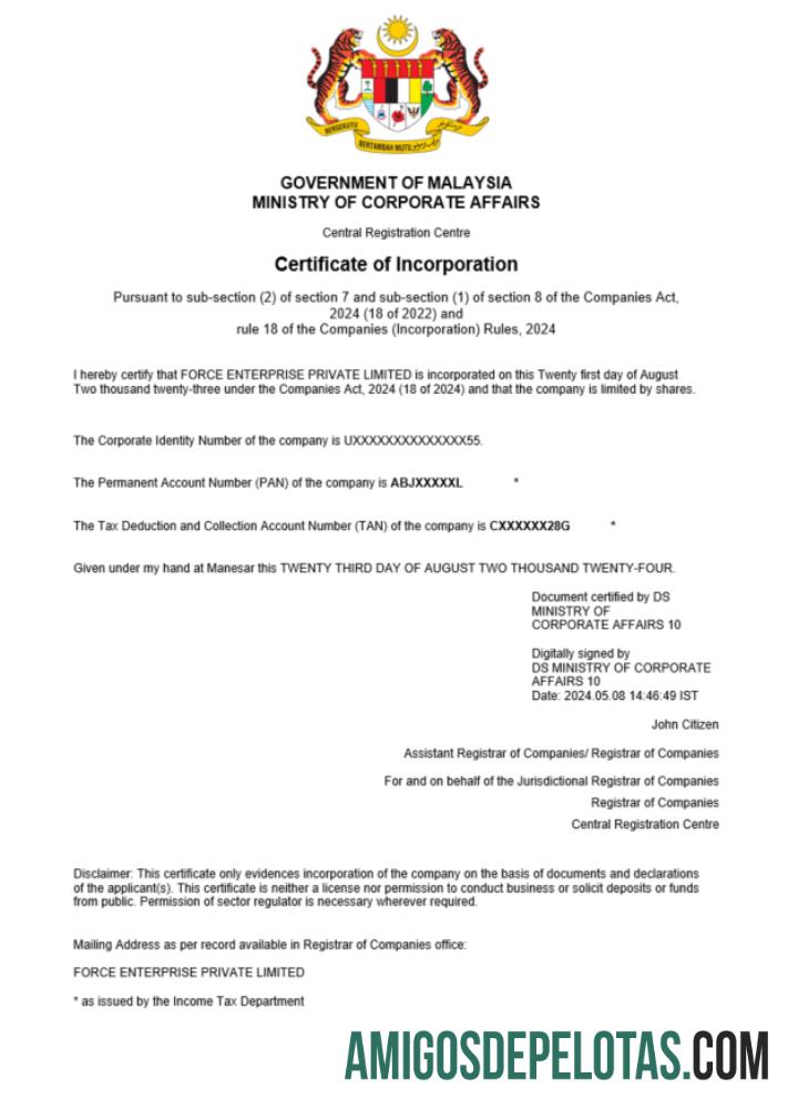 Certificado de registro comercial da Malásia para download, modelo Word e PDF