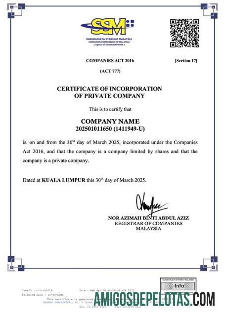 Certificado realista de constituição de empresa privada da Malásia modelo Word e PDF