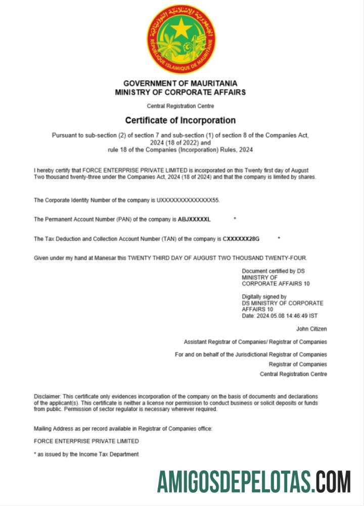 Modelo realista de certificado de registro comercial da Mauritânia em Word e PDF