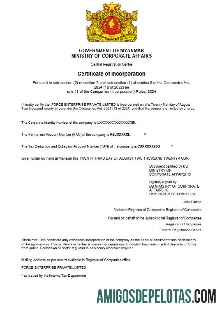 Certificado de registro comercial em branco em Mianmar modelo Word e PDF