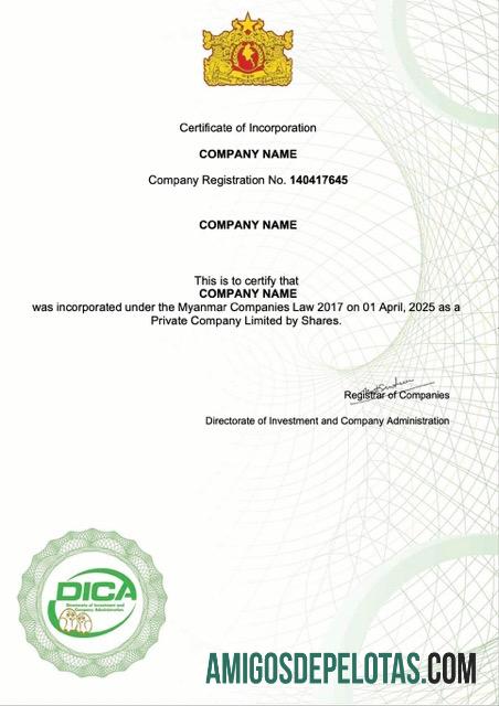 Certificado de Incorporação de Mianmar para download, modelo Word e PDF