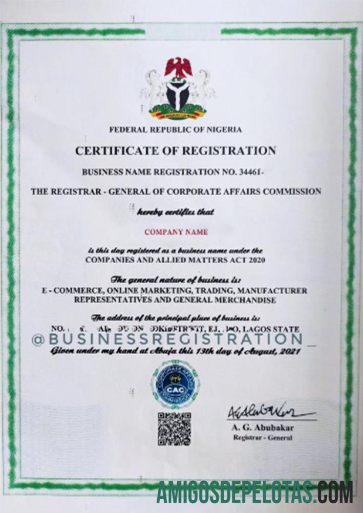 Nigeria Certificate Of Registration amostra