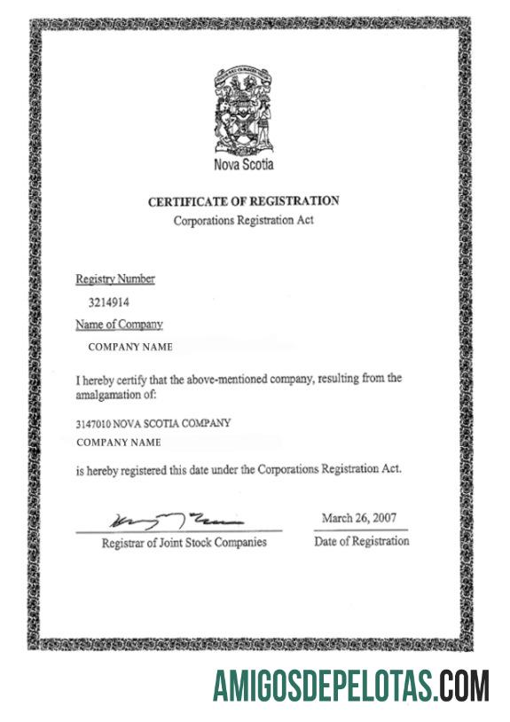 Nova Scotia Certificate Of Registration modelo