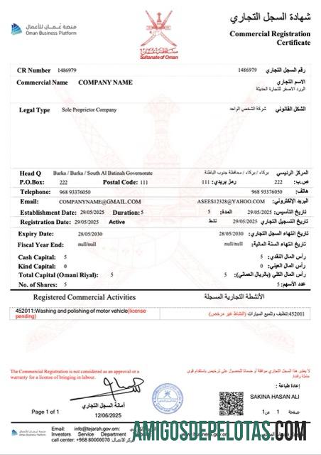 Certificado de registro comercial realista de Omã modelo Word e PDF, versão 3