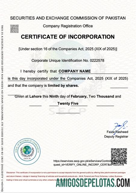 Certificado de incorporação do Paquistão para impressão, modelo Word e PDF