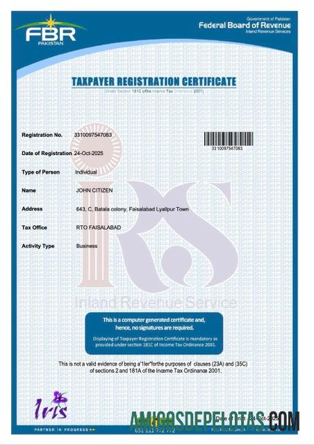 Modelo realista de certificado de registro de contribuinte do Paquistão em Word e PDF