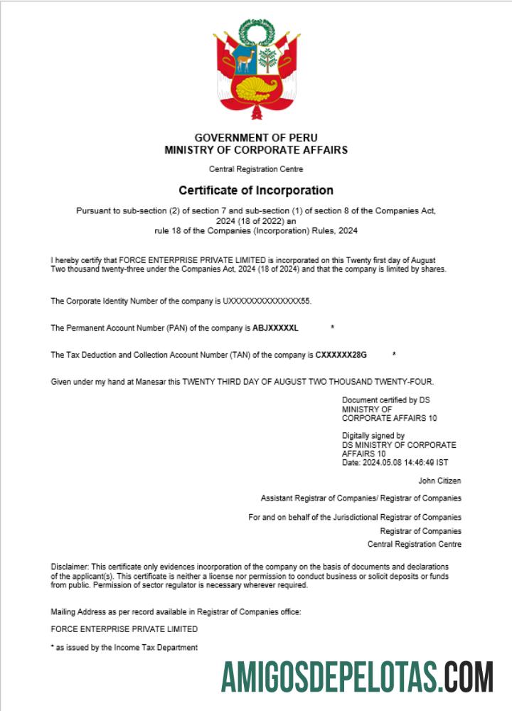 Certificado de registro comercial do Peru em branco modelo Word e PDF