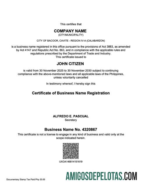 Certificado de registro de nome comercial em branco das Filipinas modelo Word e PDF