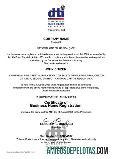 Certificado de registro de nome comercial das Filipinas, Word e PDF, versão 2 amostra