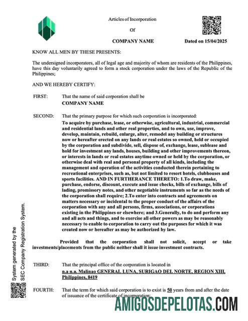 Certificado de constituição de empresa das Filipinas para impressão, modelo Word e PDF