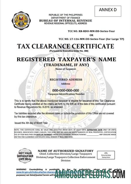Modelo realista de certificado de liquidação fiscal das Filipinas Word e PDF