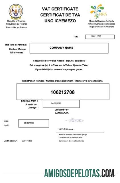 Em branco Rwanda VAT Certificate Word And PDF modelo