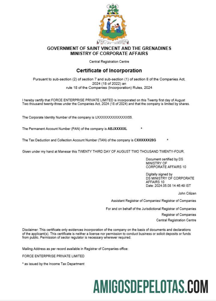 Certificado de registro comercial de São Vicente e Granadinas para impressão, modelo Word e PDF