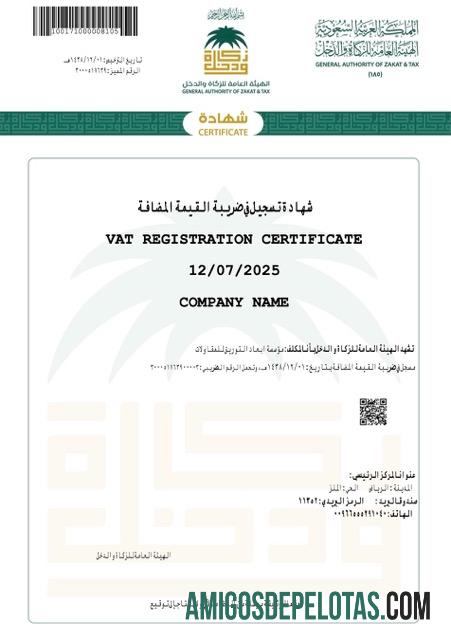 Certificado de registro de IVA da Arábia Saudita para impressão, modelo Word e PDF, versão 2