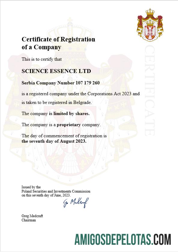 Certificado de registro comercial da Sérvia para impressão, modelo Word e PDF