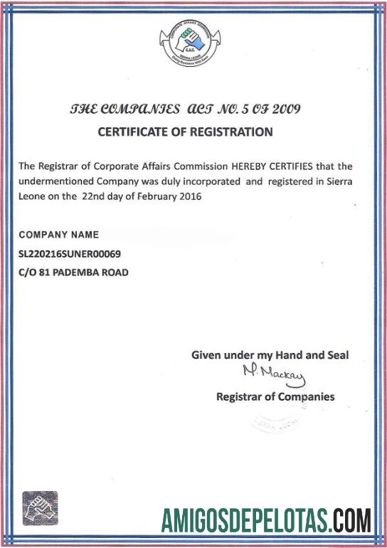 Sierra Lione Certificate Of Registration modelo