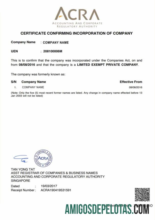 Singapore Certificate Of Incorporation amostra