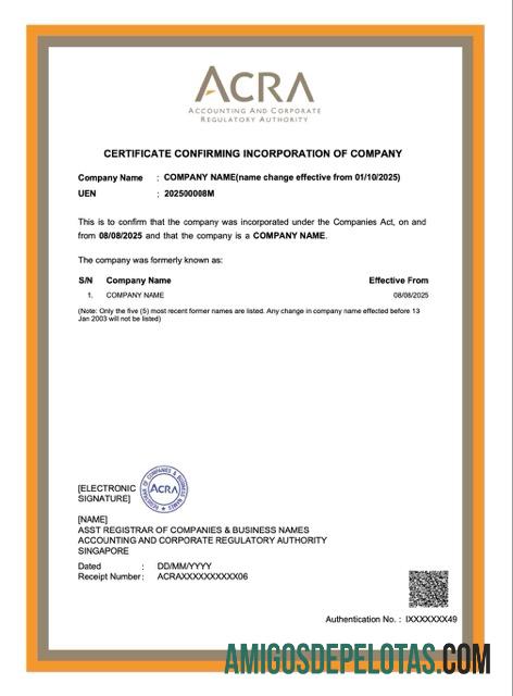 Certificado de Cingapura para impressão confirmando a incorporação da palavra da empresa e modelo PDF