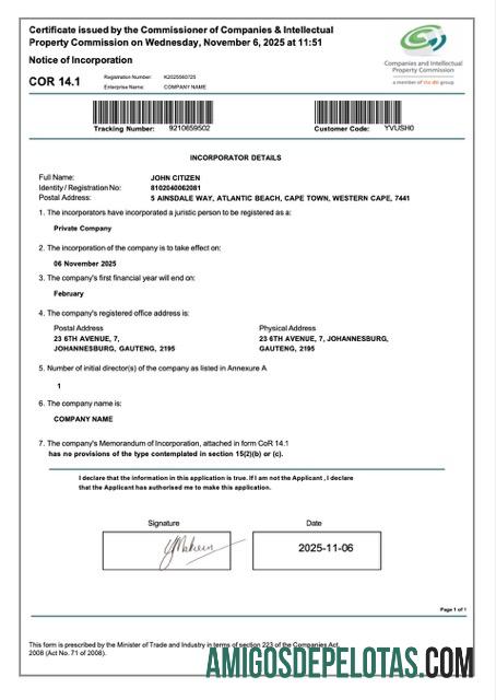 Certificado de Incorporação da África do Sul para impressão, modelo Word e PDF