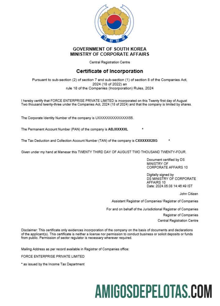 Certificado de registro comercial da Coreia do Sul para download, modelo Word e PDF