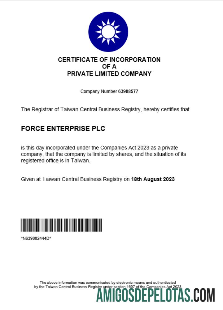 Certificado de registro comercial de Taiwan para download, modelo Word e PDF