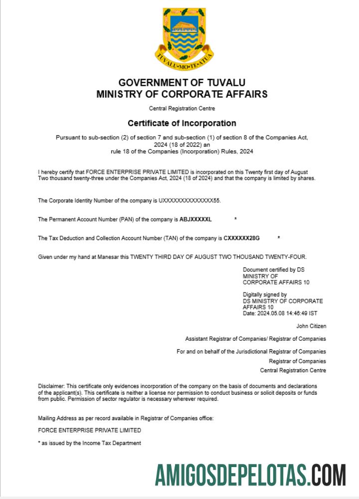 Certificado de registro comercial de Tuvalu para download, modelo Word e PDF