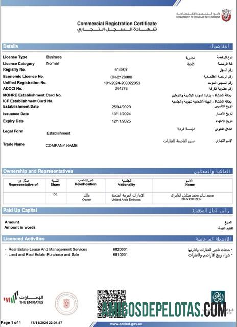 Modelo realista de certificado de registro comercial dos Emirados Árabes Unidos Abu Dhabi Word e PDF