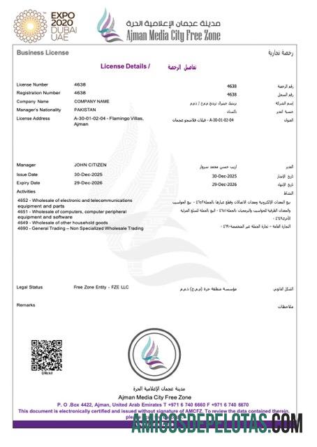 Licença comercial em branco dos Emirados Árabes Unidos Ajman Word e modelo PDF