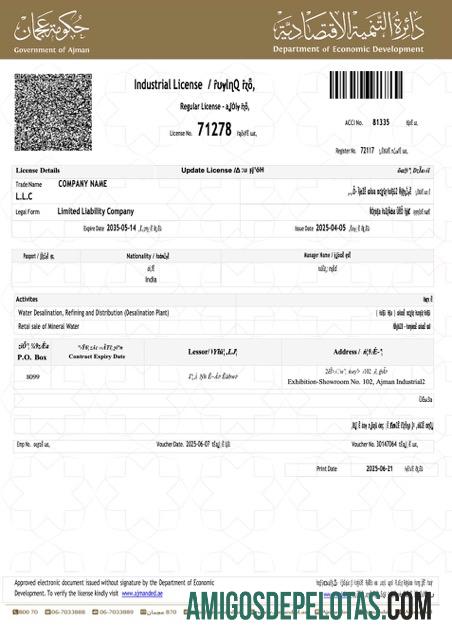 Modelo realista de licença industrial dos Emirados Árabes Unidos Ajman em Word e PDF