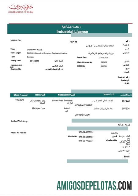 Modelo para download em Word e PDF de licença industrial dos Emirados Árabes Unidos Dubai