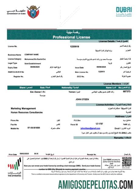 Licença profissional dos Emirados Árabes Unidos Dubai para download do modelo Word e PDF da empresa