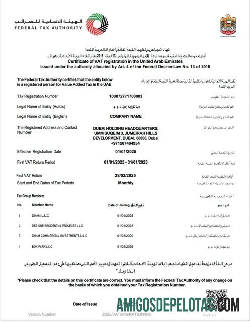 Certificado de registro de IVA em branco dos Emirados Árabes Unidos modelo Word e PDF
