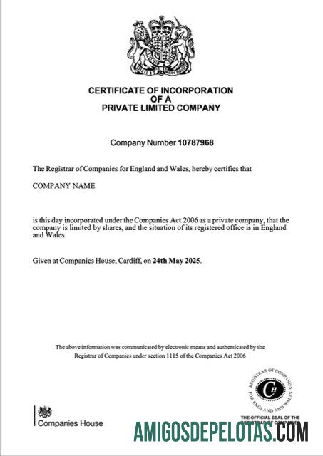 Certificado de constituição de uma empresa privada limitada no Reino Unido para download, modelo Word e PDF